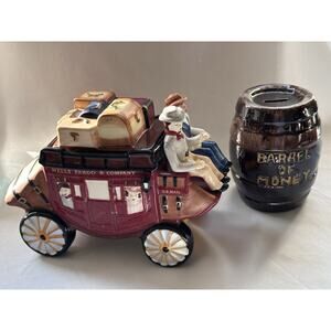 WELLS FARGO STAGECOACH Cookie Jar with Lid Suitcases Mail Carriers Heavy & Bank
